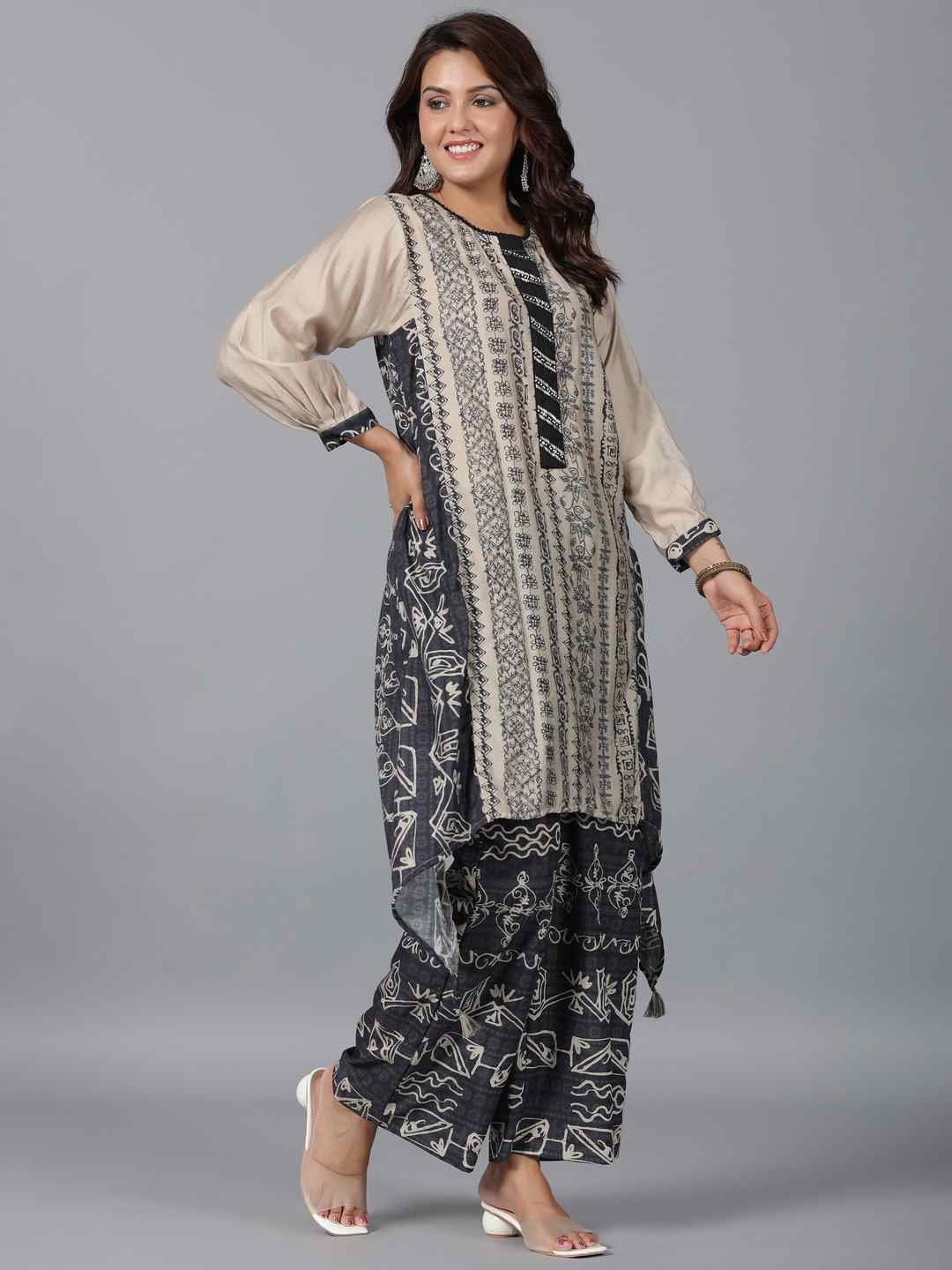 Beige Muslin Printed Kurta & Pants Set