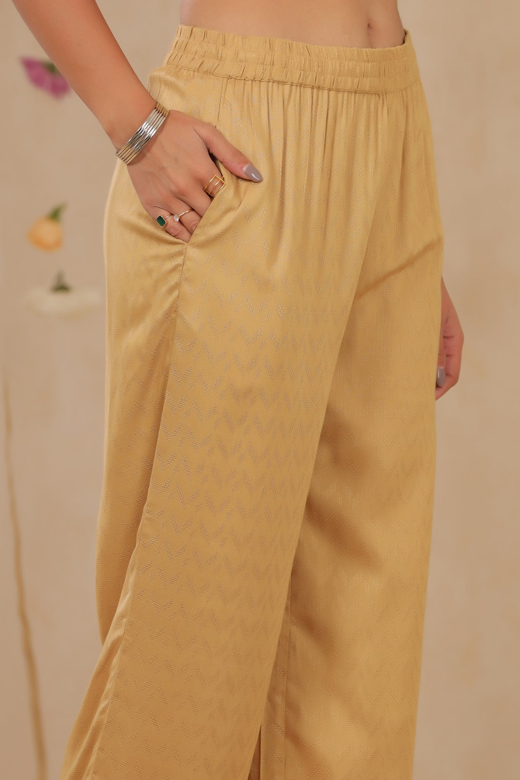 Gold Rayon Dobby Flared Palazzo