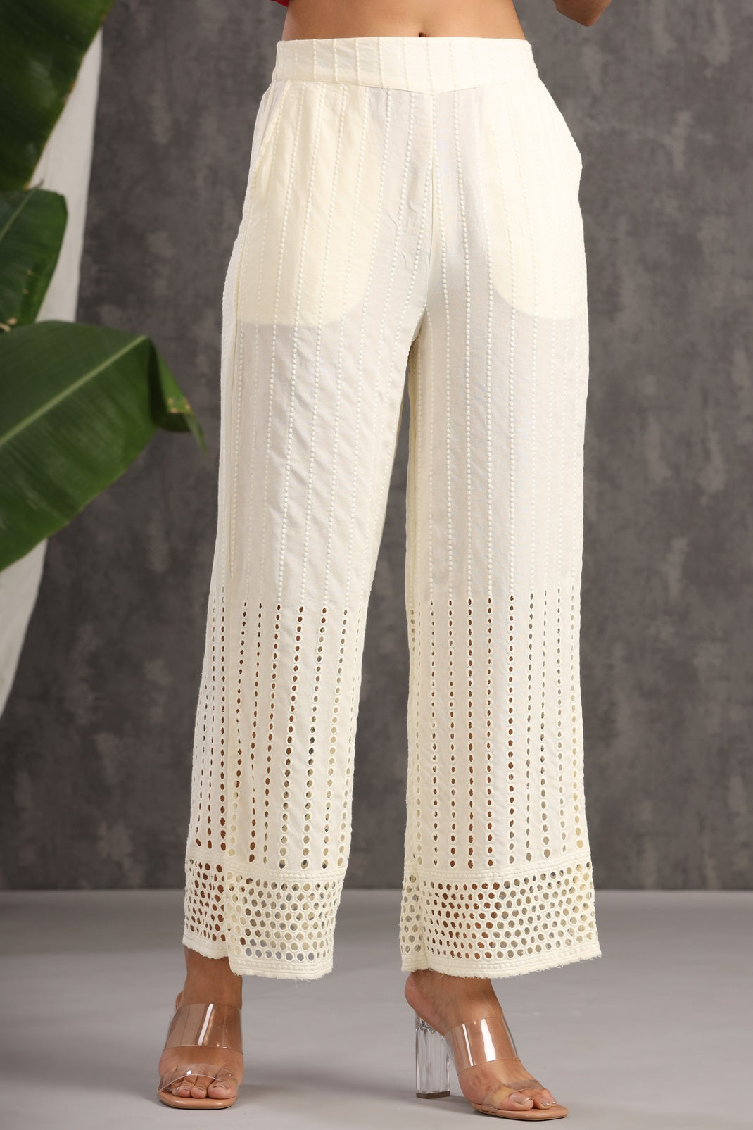 Ivory Rayon Schiffli Flared Palazzo