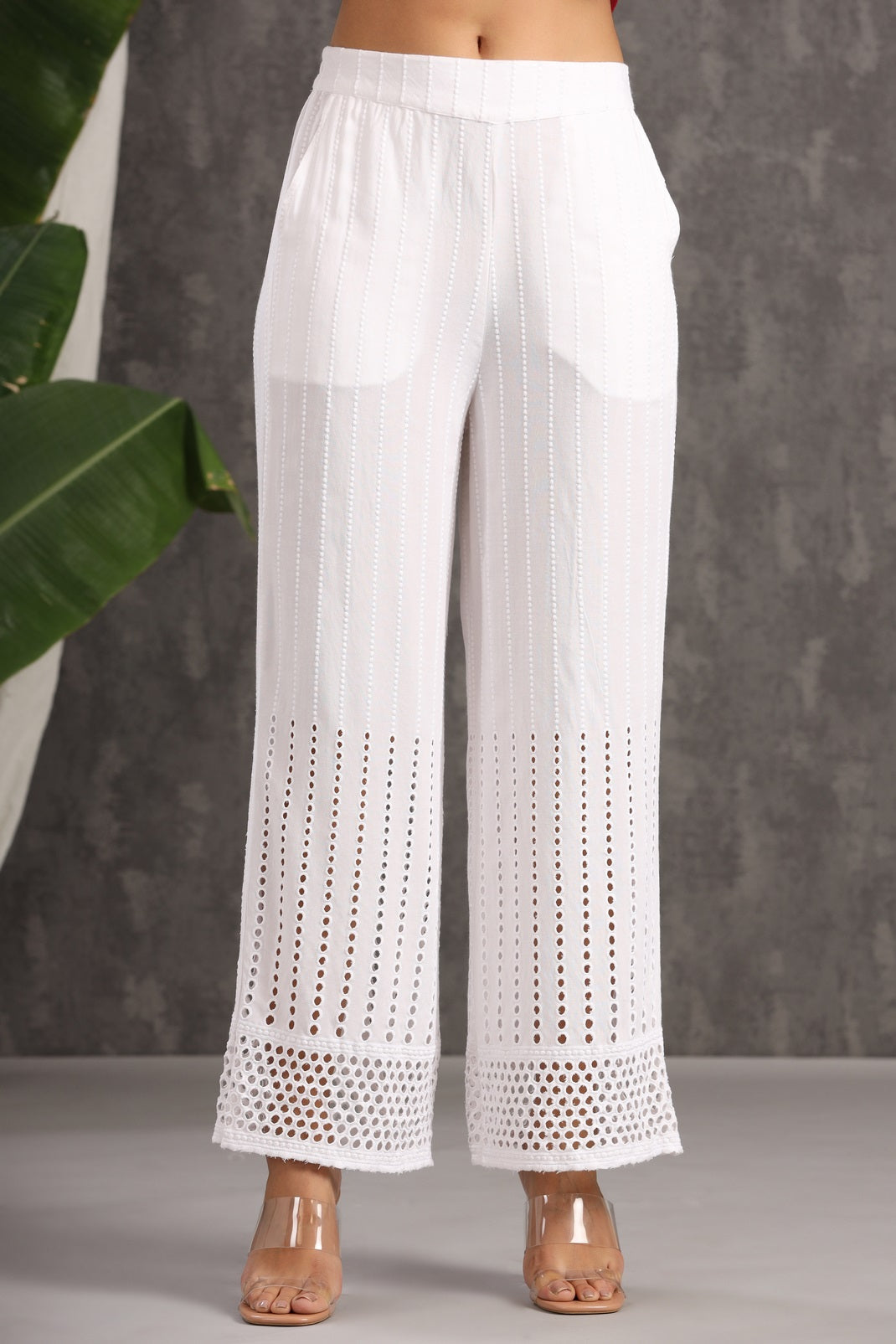 White Rayon Schiffli Flared Palazzo