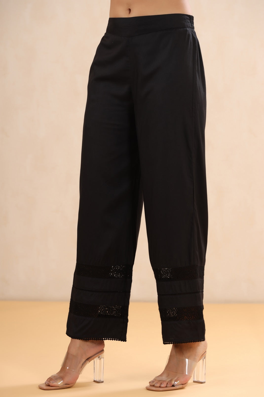 Black Rayon Solid Flared Palazzo with Lacework