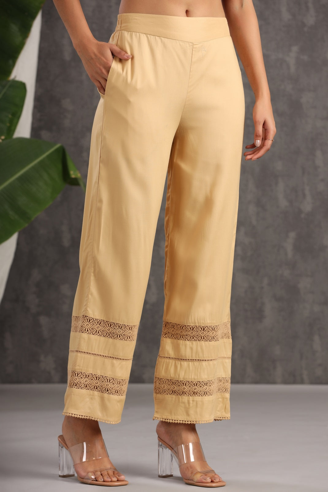 Gold Rayon Solid Flared Palazzo with Lacework