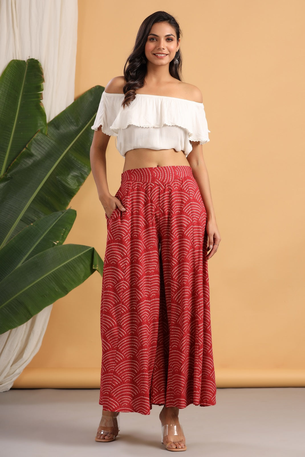 Women`s Red Rayon Printed Flared Palazzo