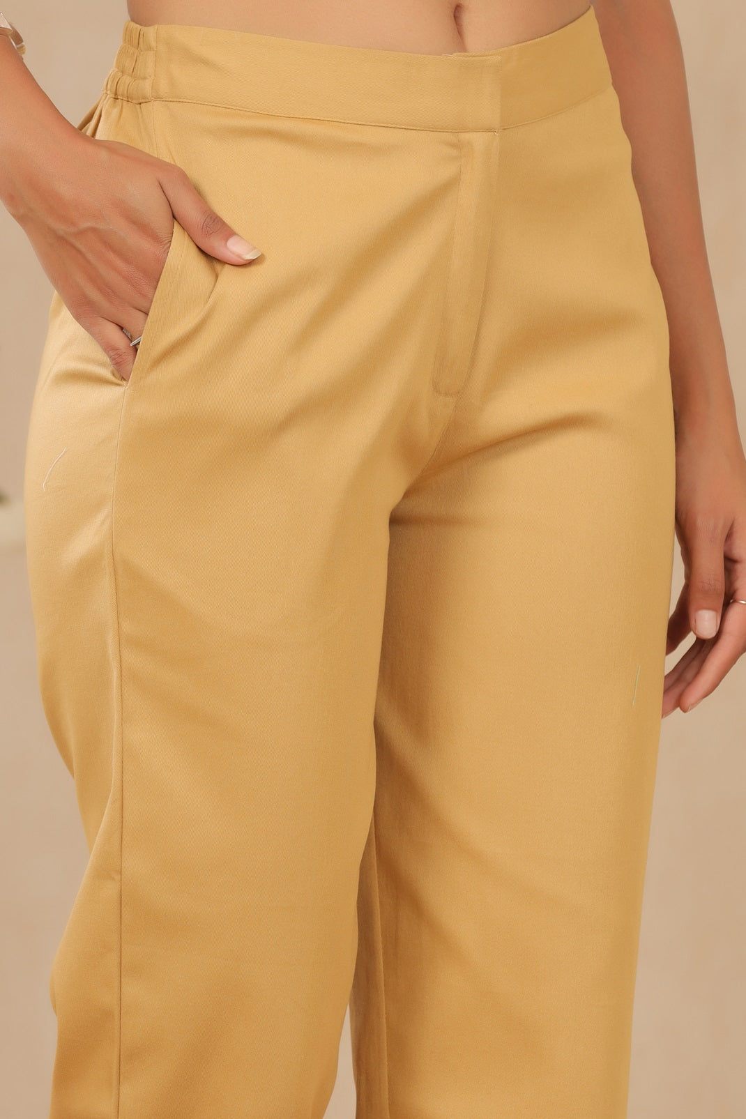 Gold Cotton Twill Solid Straight Pants