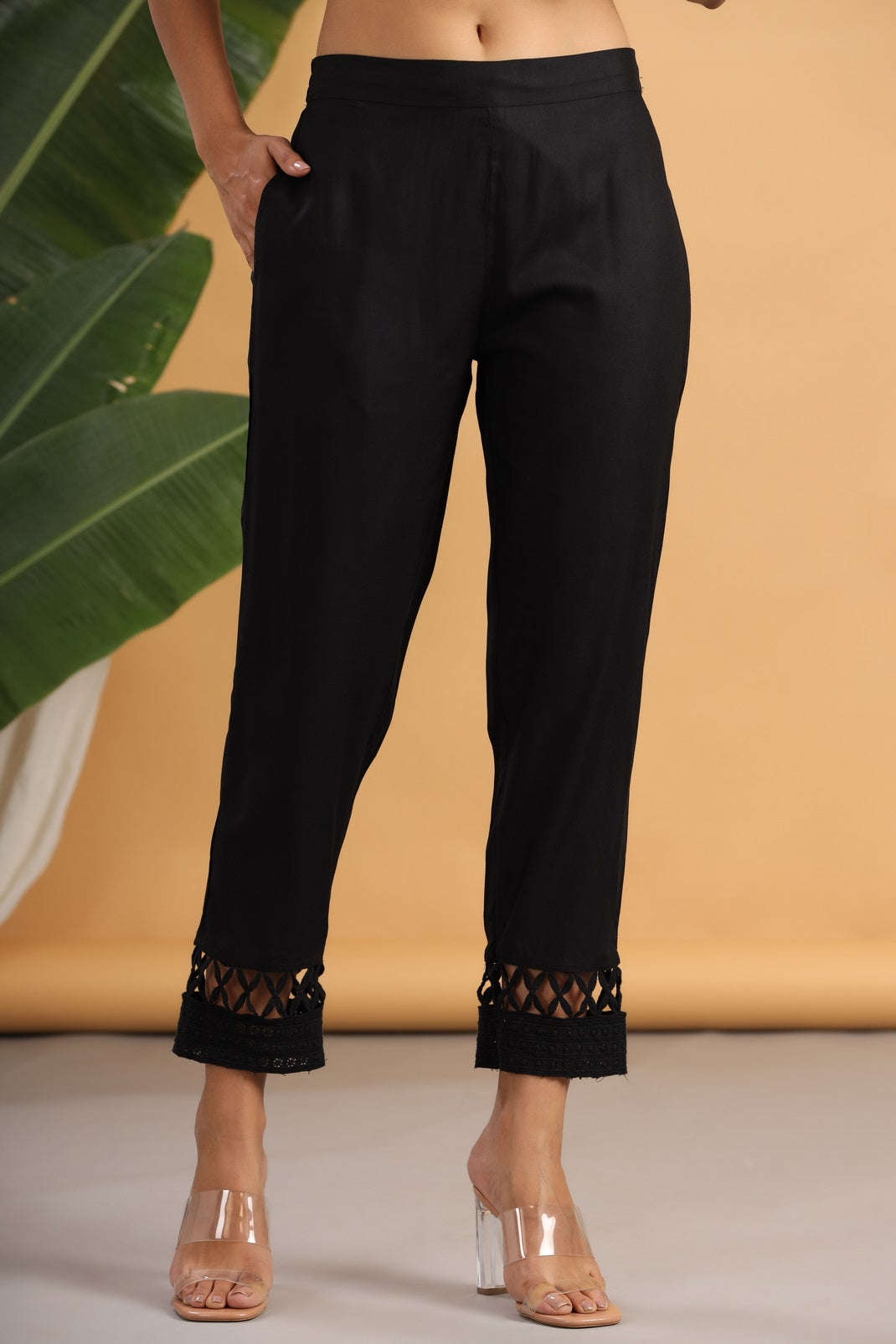 Black Rayon Solid Straight Pants