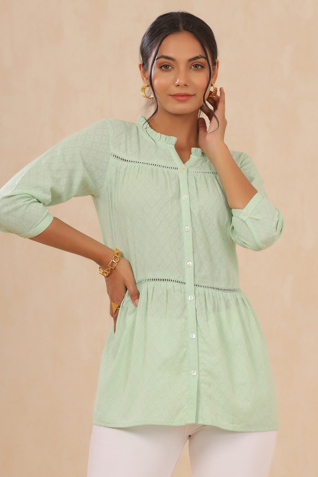 Pistagreen Cotton Dobby Tiered Tunic