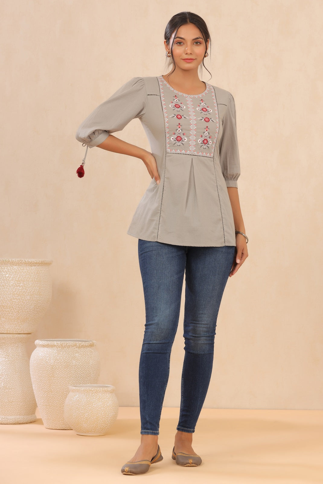 Grey Cotton Dobby Embroidered A-Line Tunic