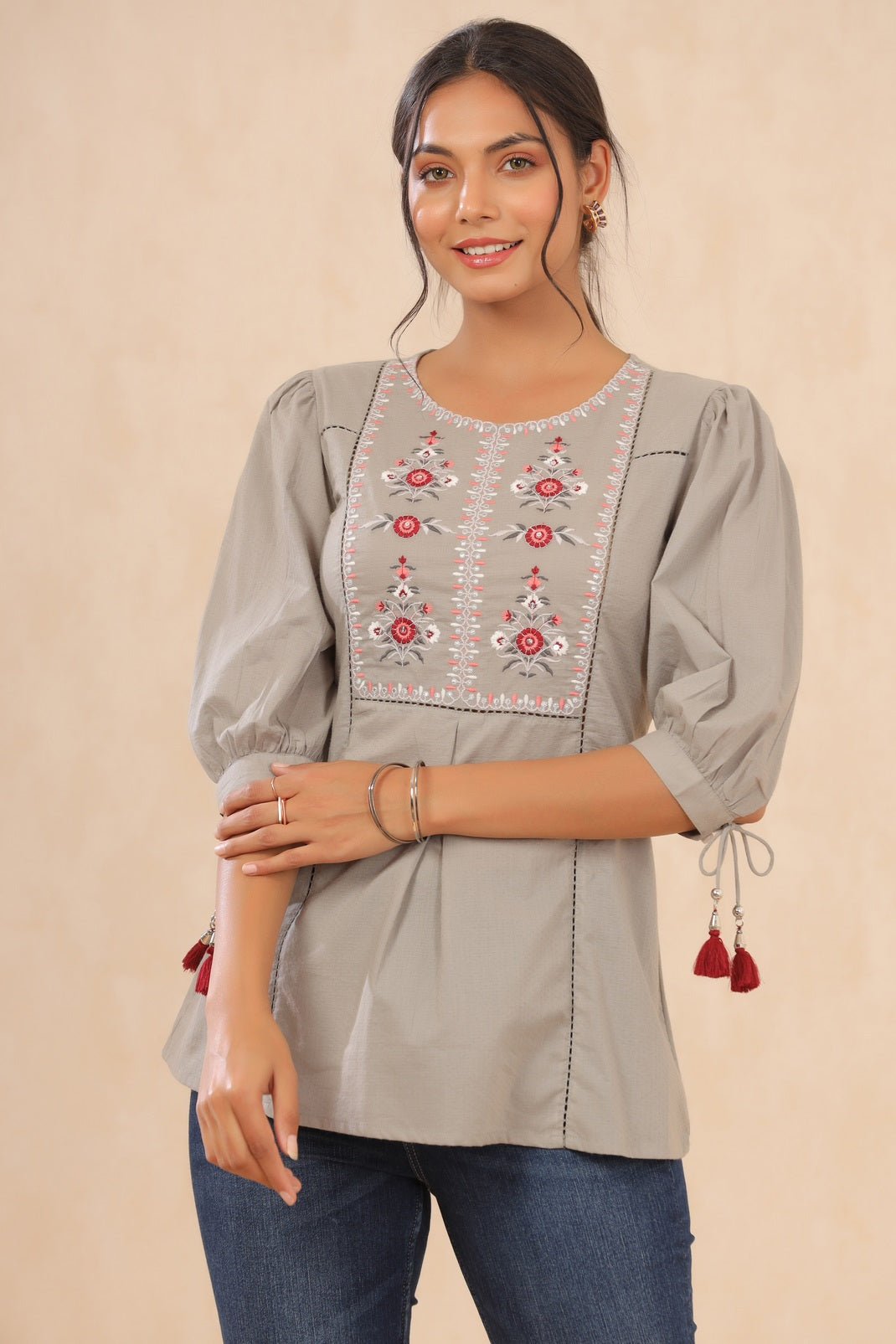 Grey Cotton Dobby Embroidered A-Line Tunic