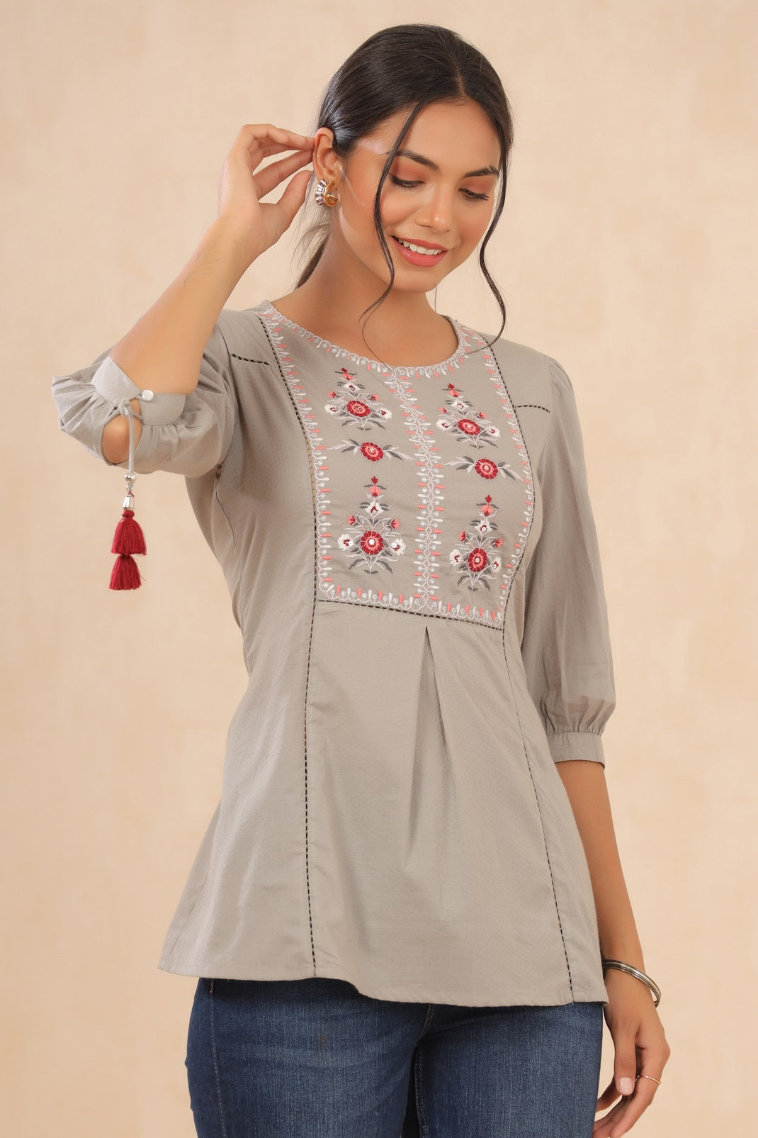 Grey Cotton Dobby Embroidered A-Line Tunic