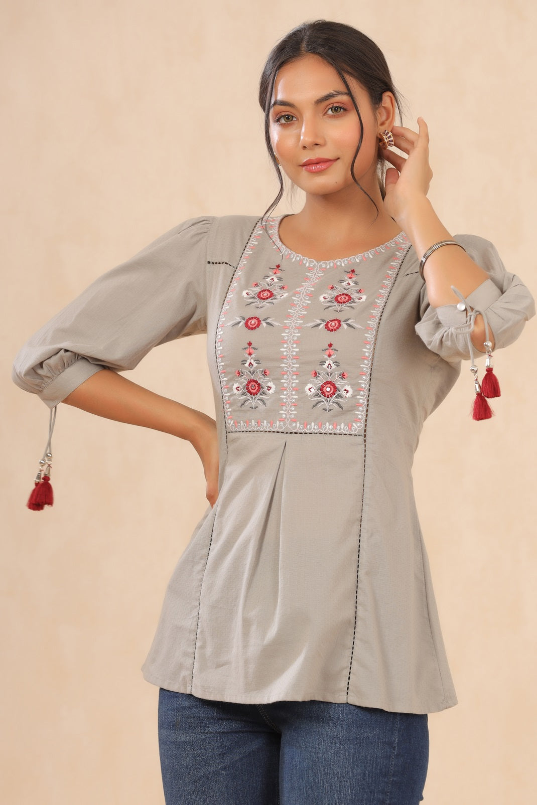 Grey Cotton Dobby Embroidered A-Line Tunic