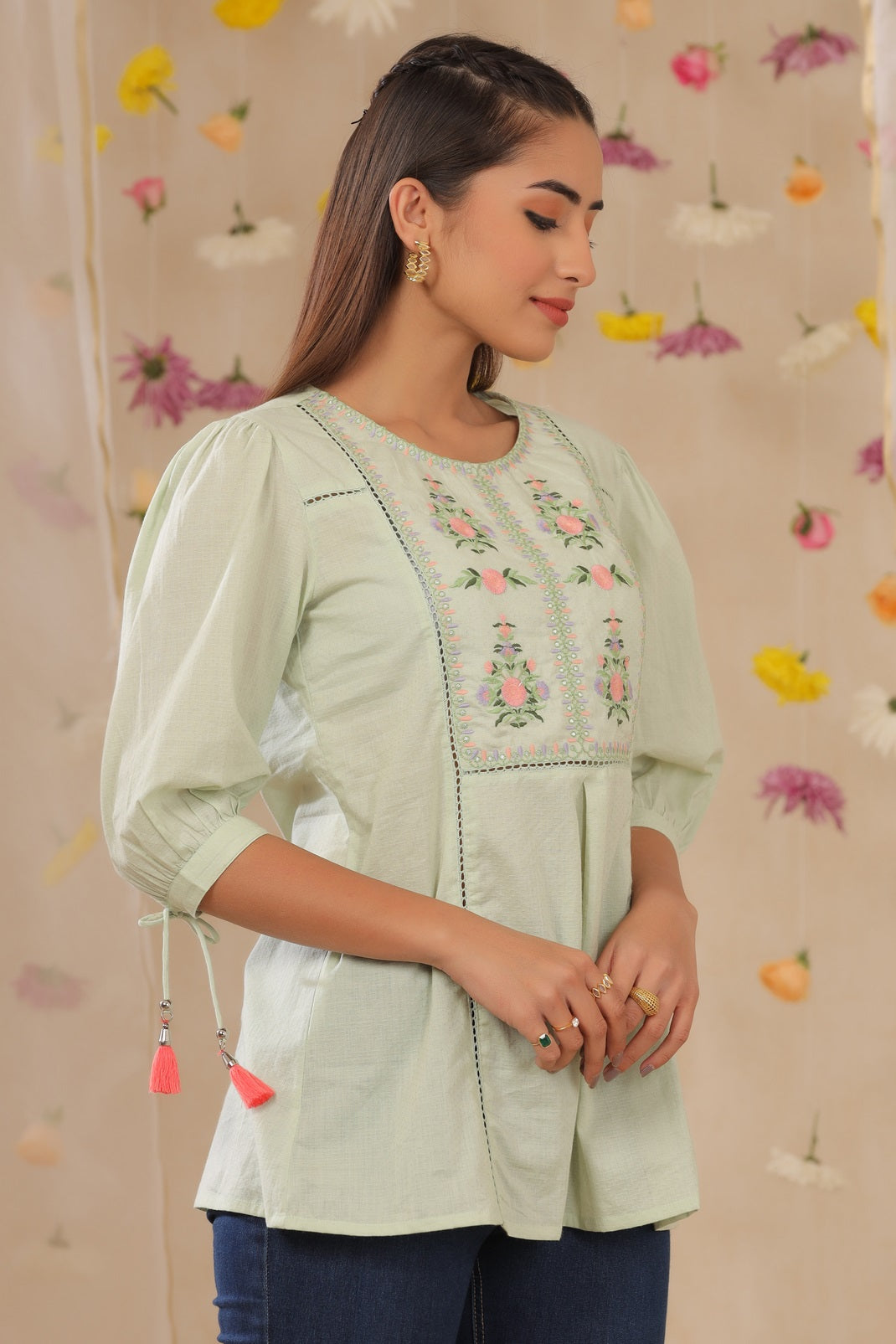 Sagegreen Cotton Dobby Embroidered A-Line Tunic