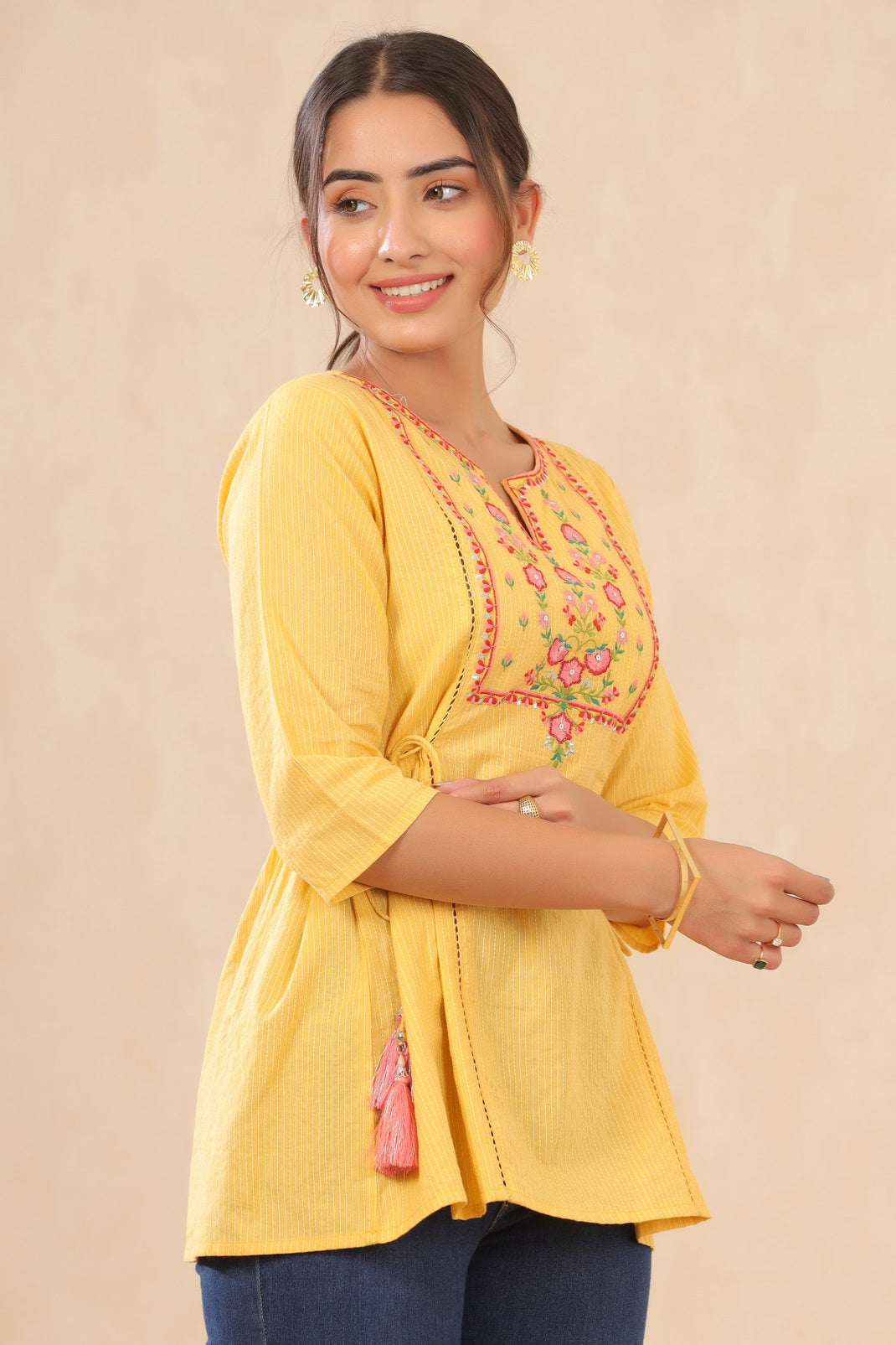 Yellow Cotton Dobby Embroidered A-Line Tunic