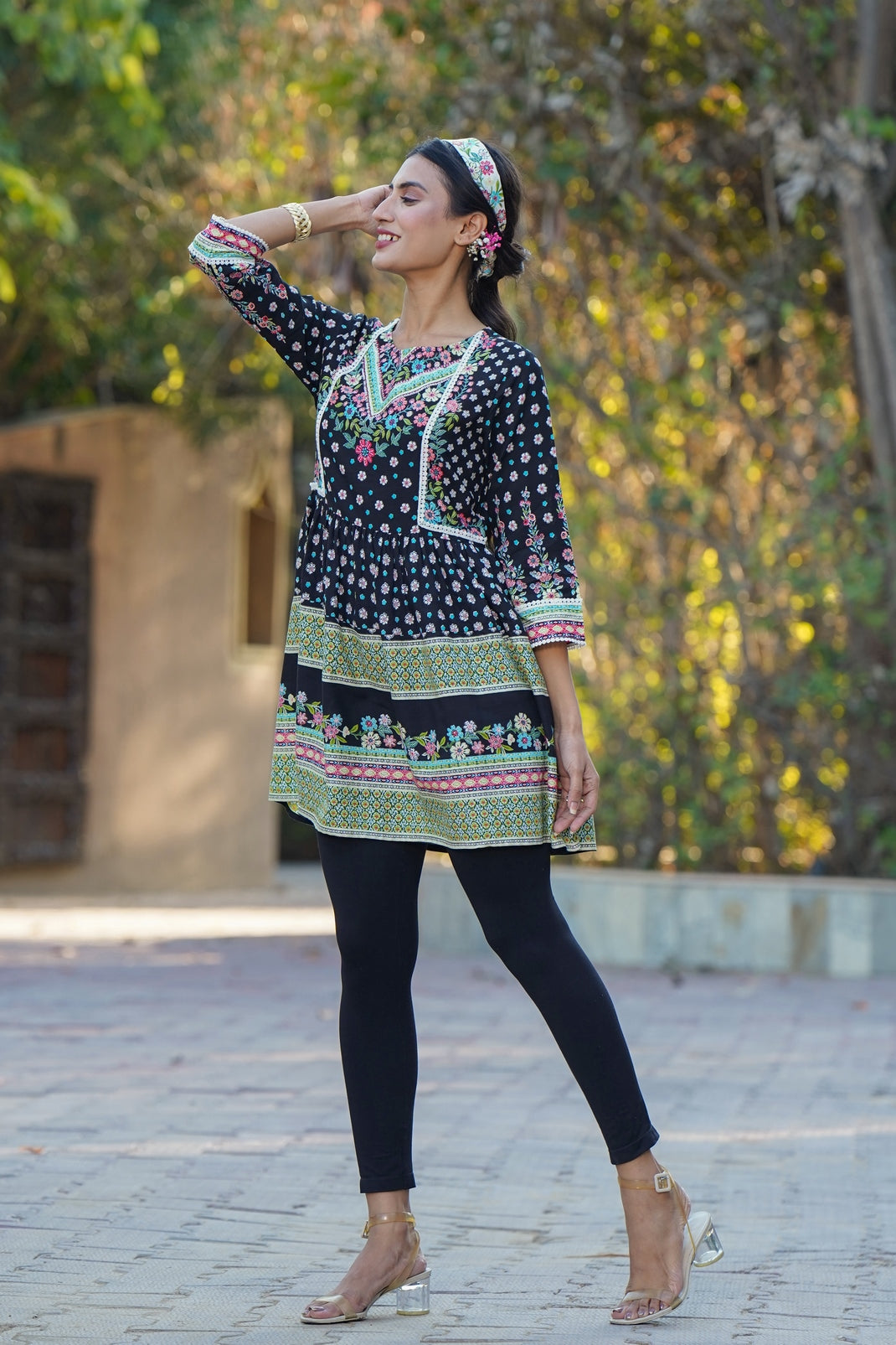 Black Rayon Printed Peplum Tunic