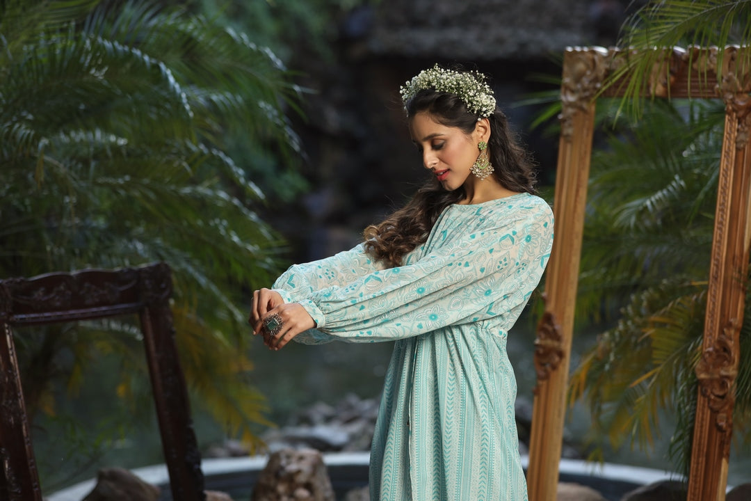 Blue & Multi Georgette Printed High-Low Tunic with Slip