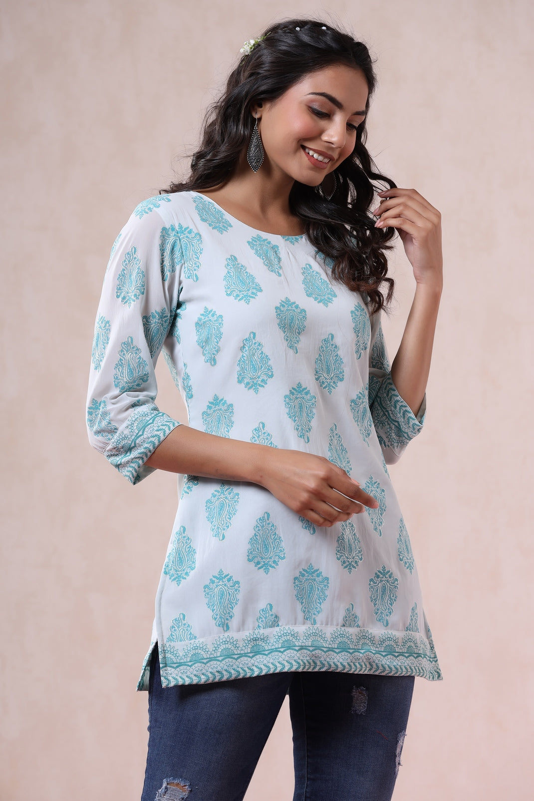 Blue & Multi Georgette Printed Straight Tunic