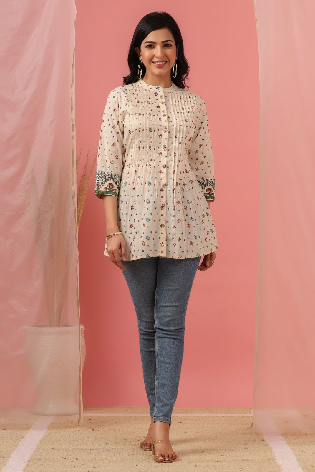 Women`s Ivory Cambric Printed Straight Tunic