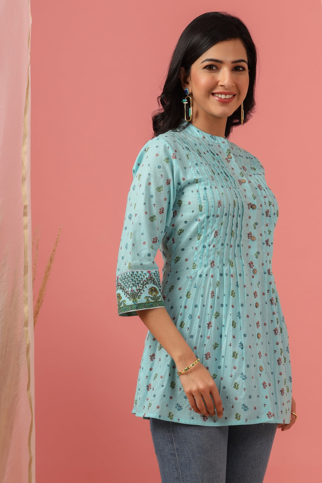 Women`s Skyblue Cambric Printed Straight Tunic