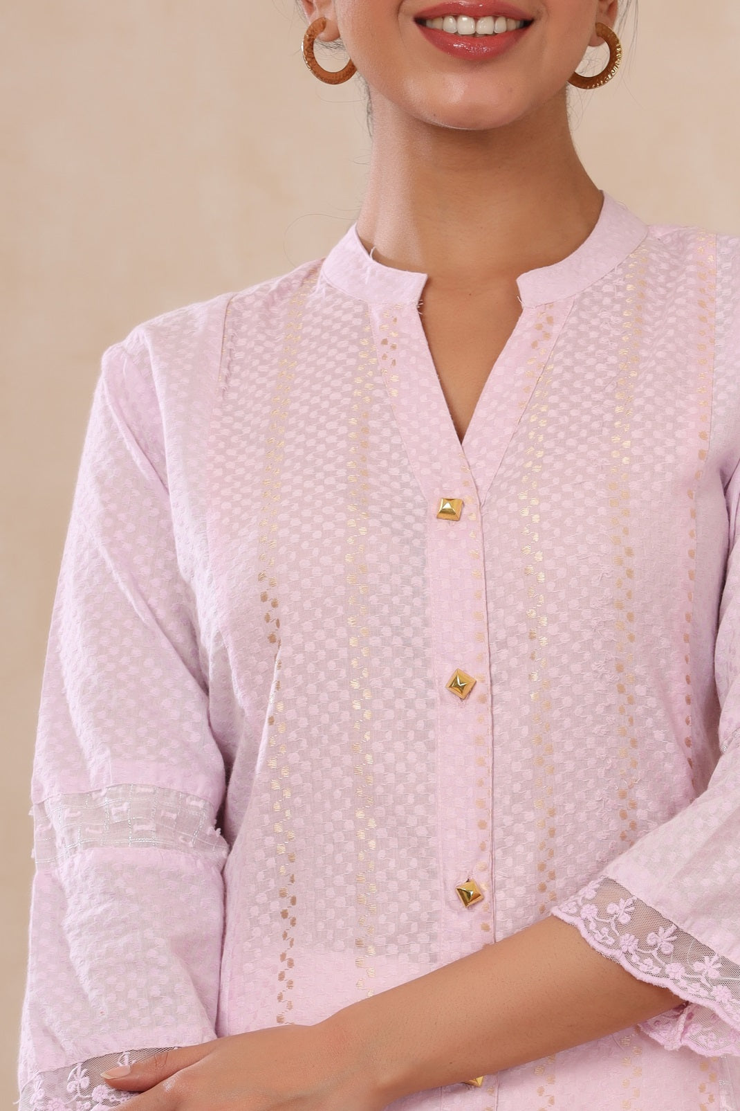 Purple Cotton Dobby Printed A-Line Kurta with Mask