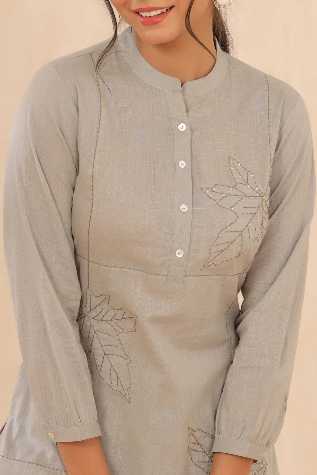 Grey Cotton Slub Embroidered High-Low Kurta