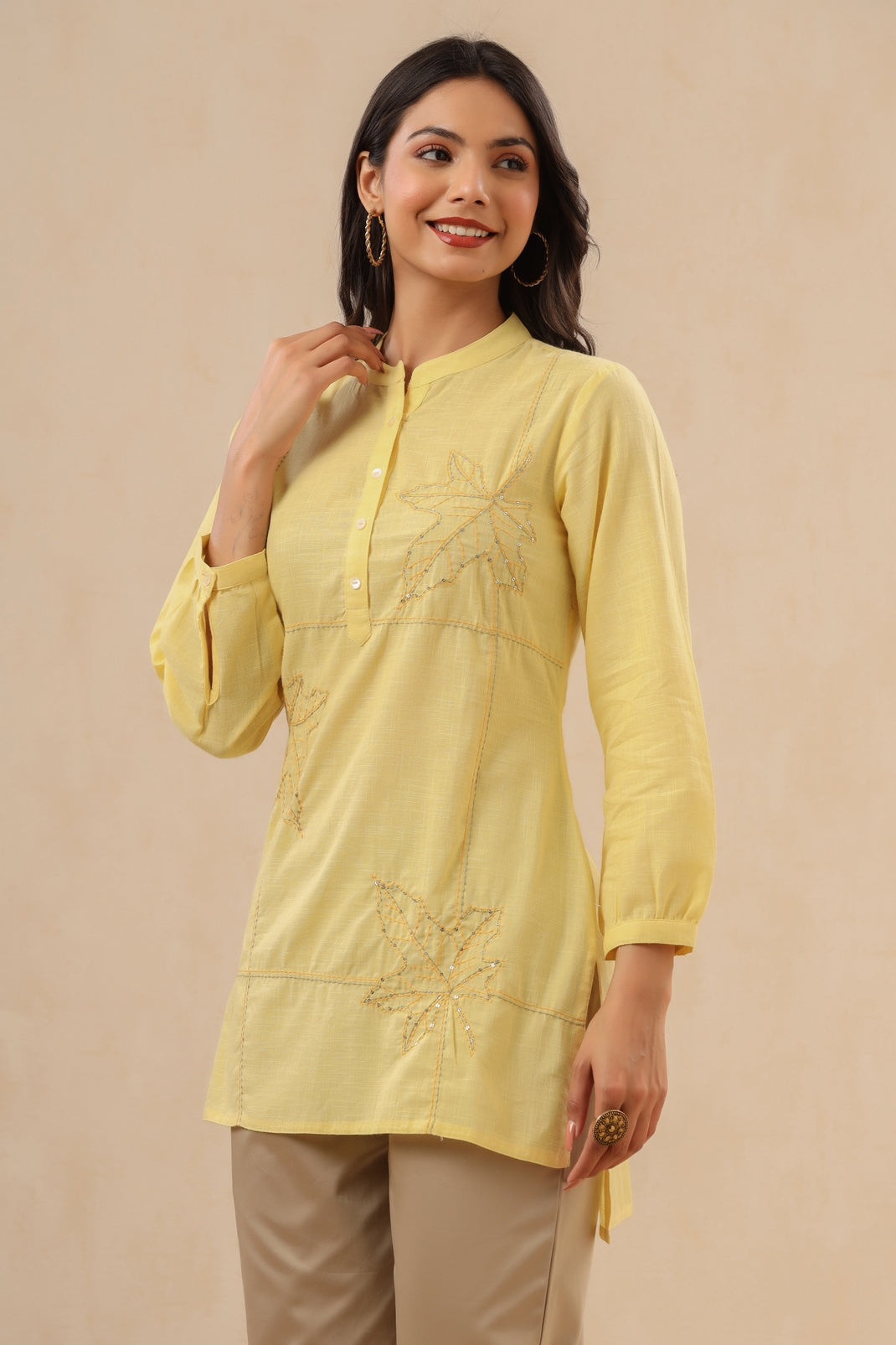 Women`s Yellow Cotton Slub Embroidered High-Low Kurta