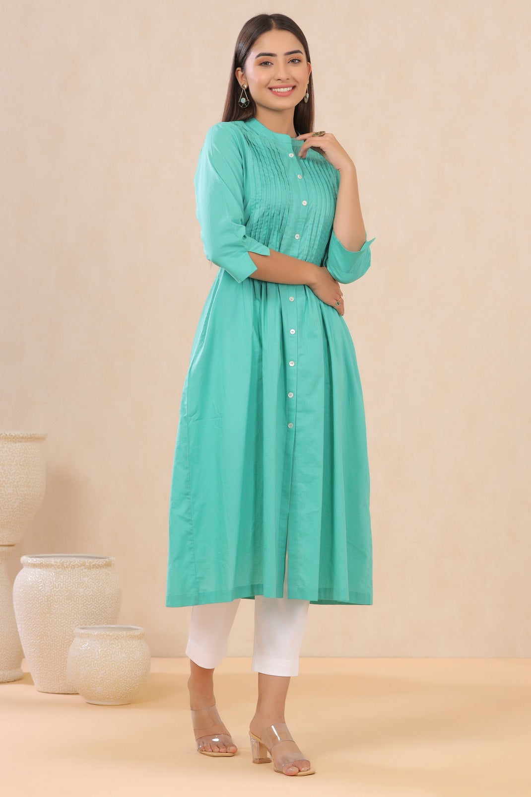Turquoise Cambric Solid A-Line Kurta
