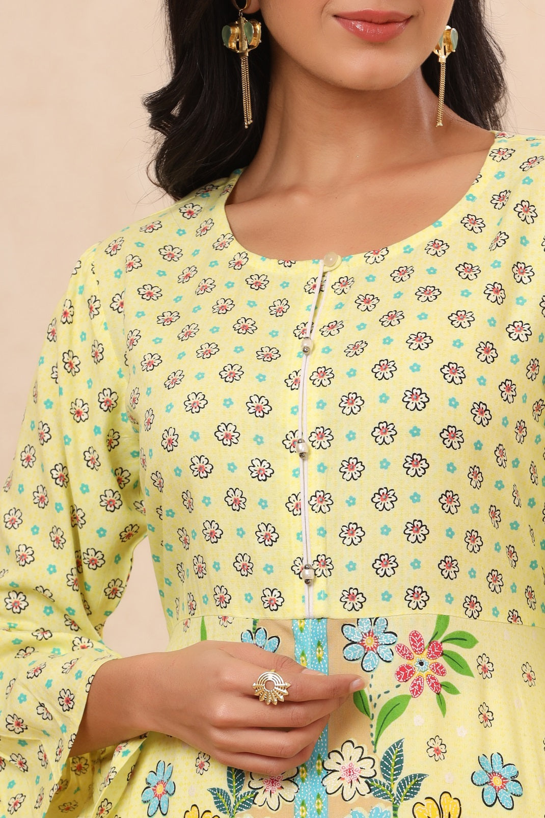 Lime Rayon Printed A-Line Kurta