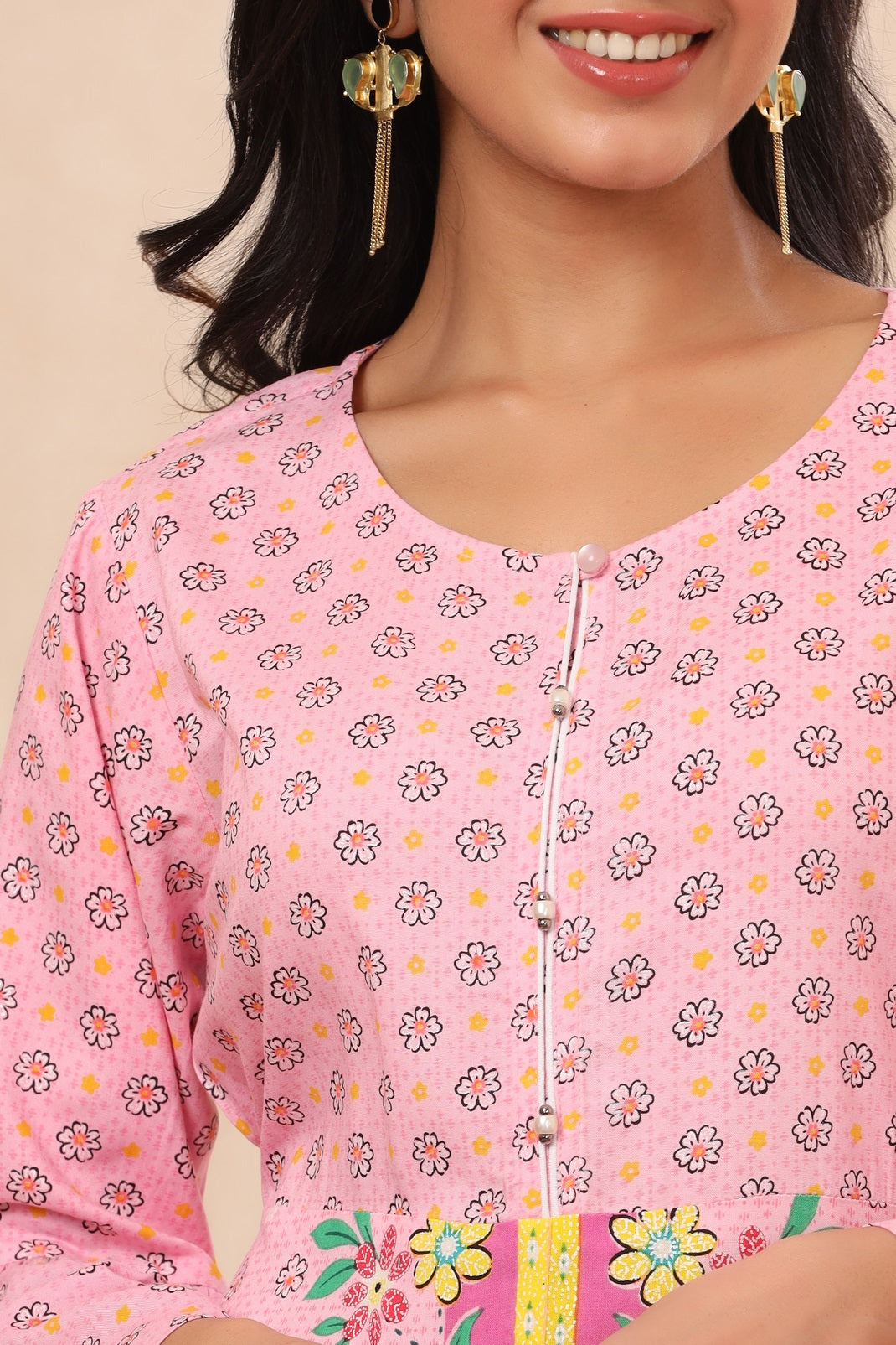 Pink Rayon Printed A-Line Kurta