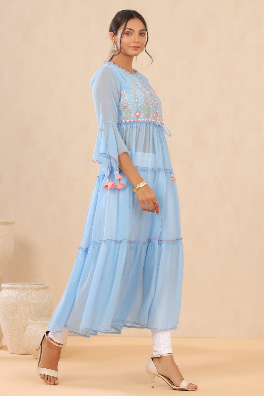 Powderblue Chiffon Embroidered Tiered Kurta