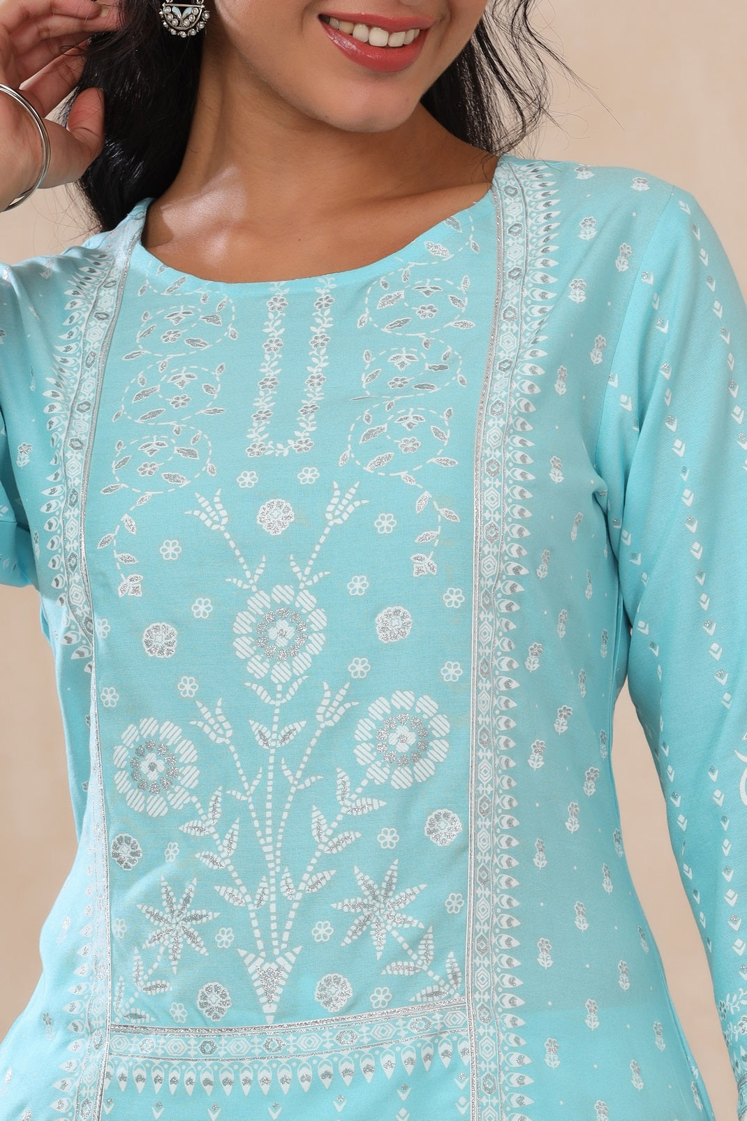 Aqua Rayon Printed Straight Kurta