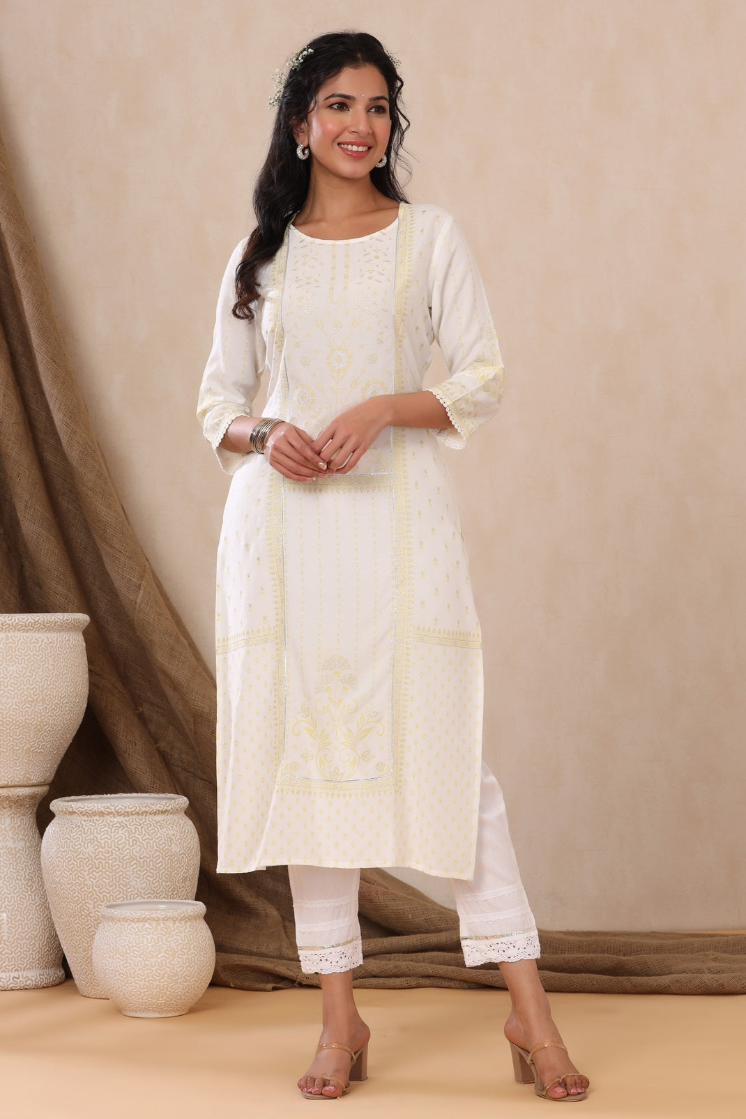 Offwhite Rayon Printed Straight Kurta