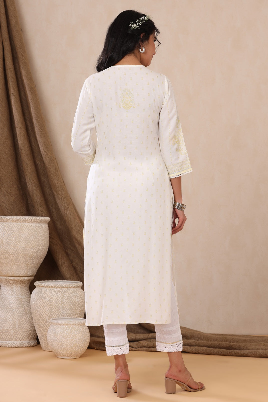Offwhite Rayon Printed Straight Kurta