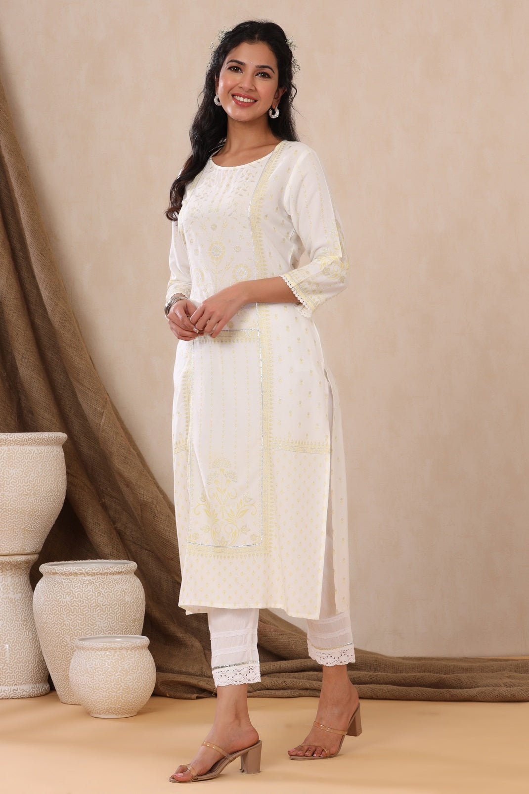 Offwhite Rayon Printed Straight Kurta