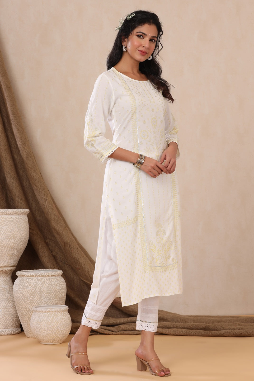 Offwhite Rayon Printed Straight Kurta