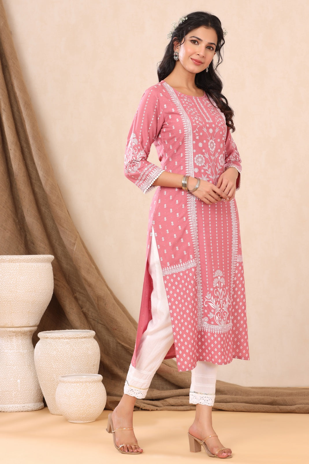 Pink Rayon Printed Straight Kurta