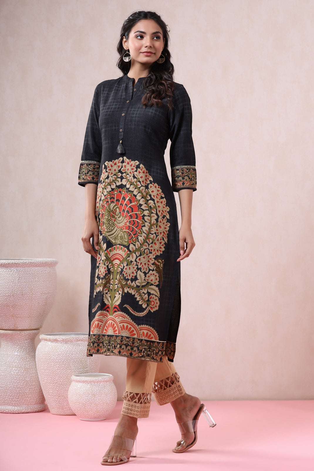 Black Rayon Printed Straight Kurta