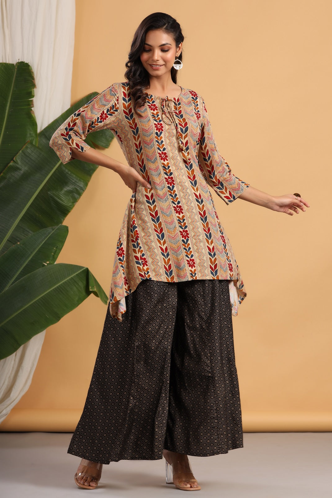 Women`s Beige Rayon Printed Asymmetric Kurta