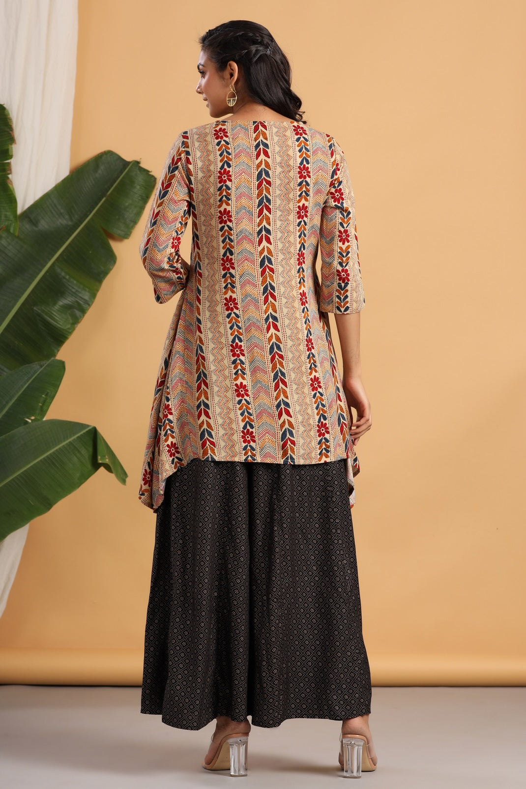 Women`s Beige Rayon Printed Asymmetric Kurta