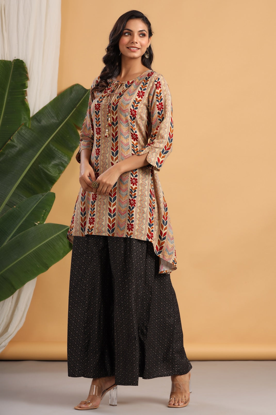 Women`s Beige Rayon Printed Asymmetric Kurta