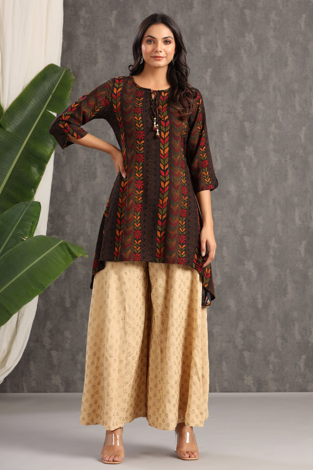Women`s Black Rayon Printed Asymmetric Kurta
