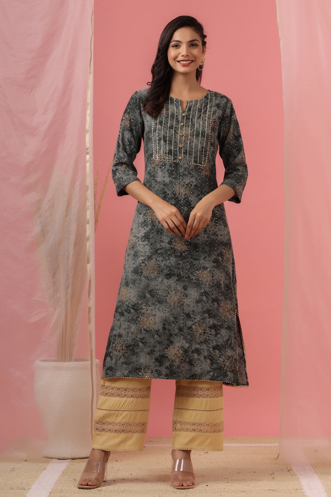 Women`s Grey Rayon Slub Embroidered Kurta