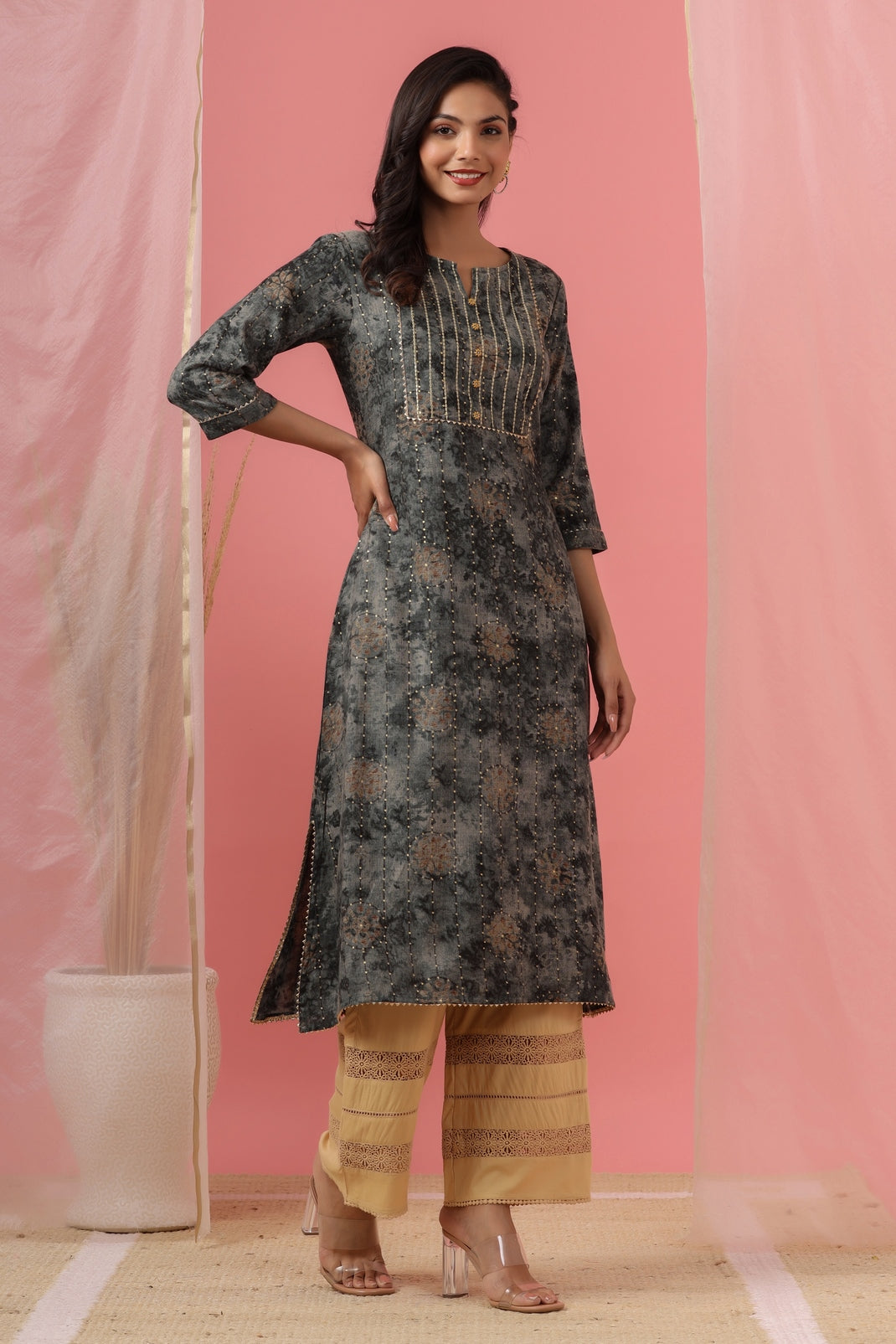 Women`s Grey Rayon Slub Embroidered Kurta