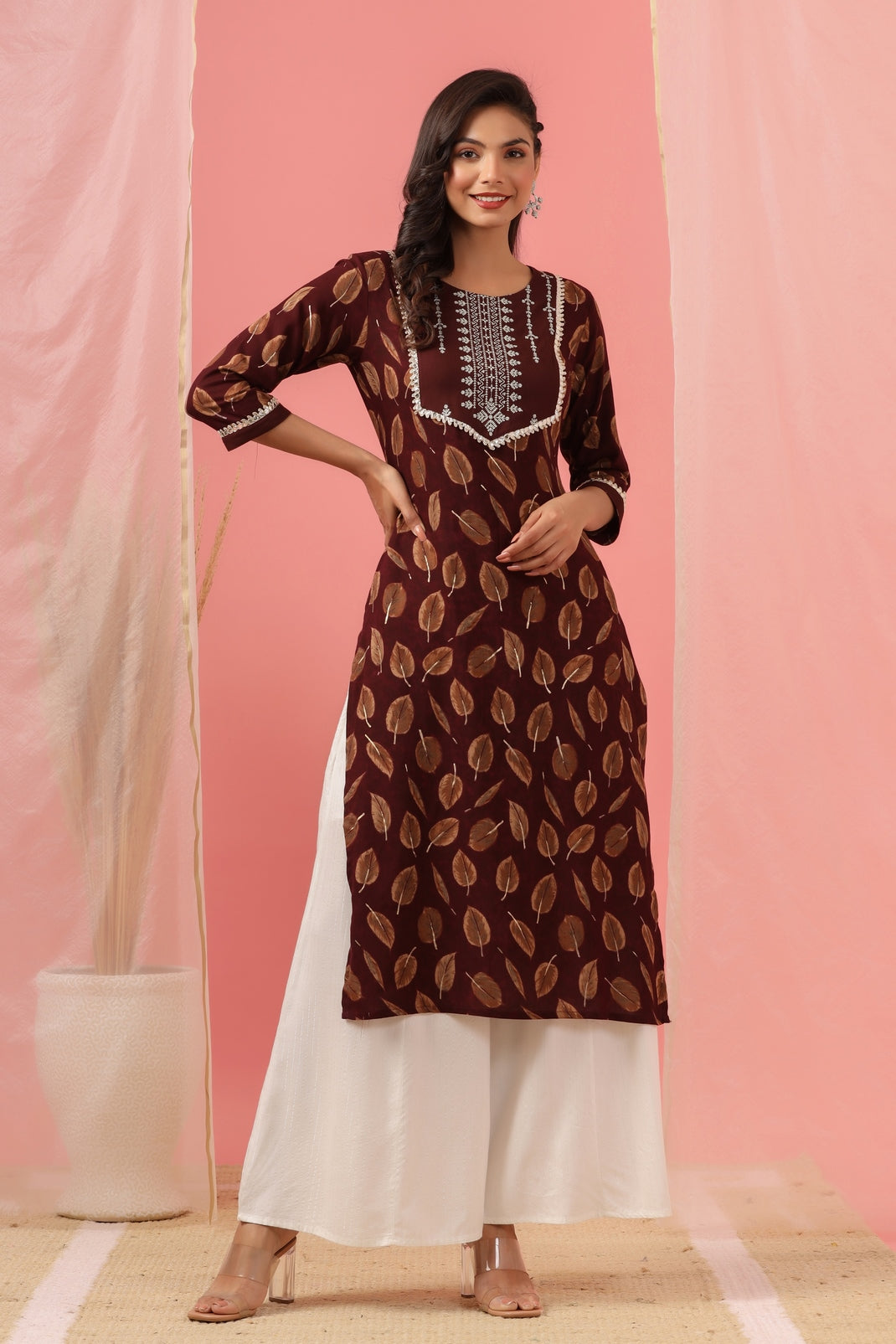 Women`s Wine Rayon Embroidered Kurta