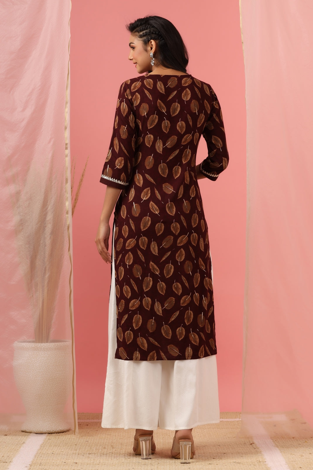 Women`s Wine Rayon Embroidered Kurta