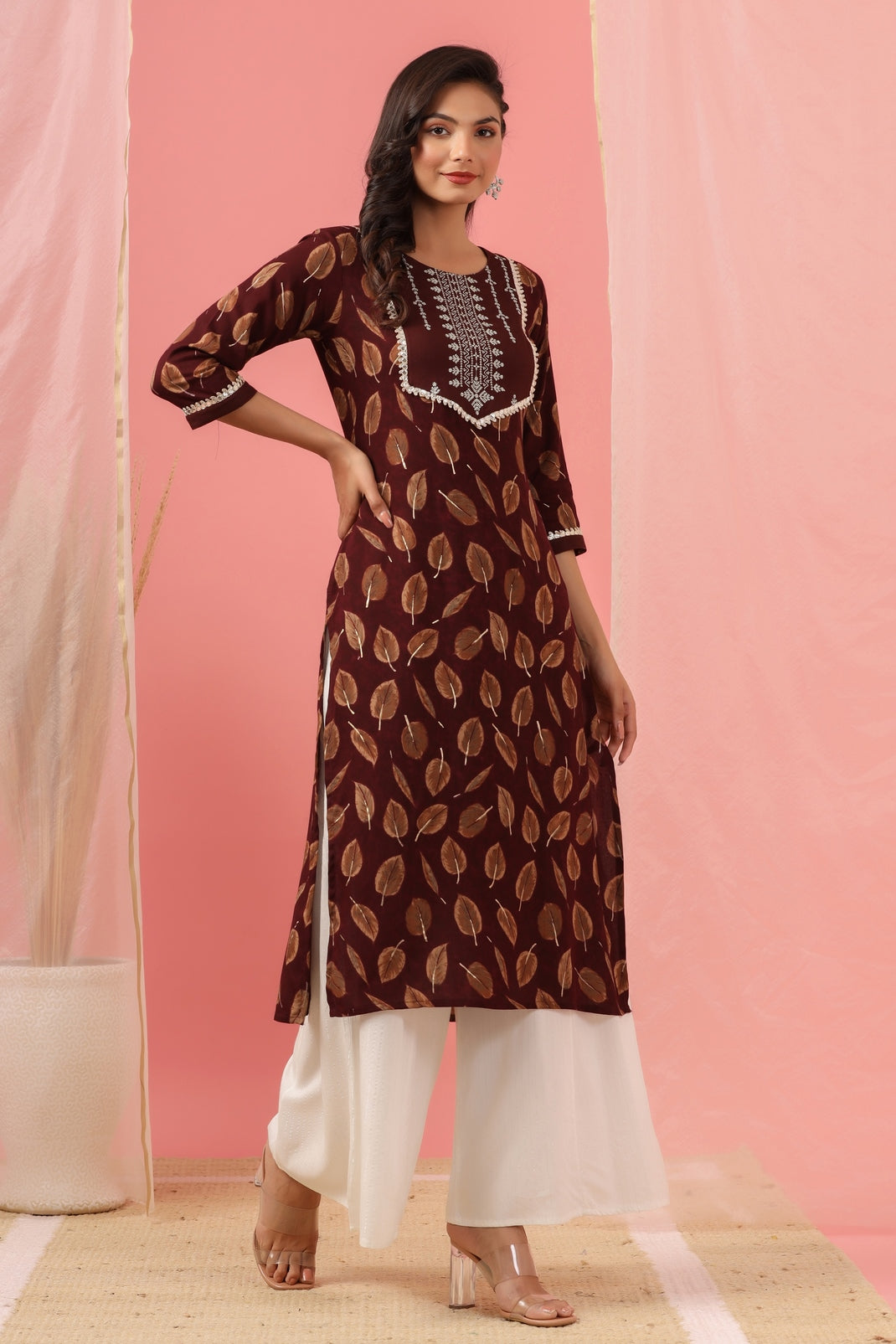 Women`s Wine Rayon Embroidered Kurta
