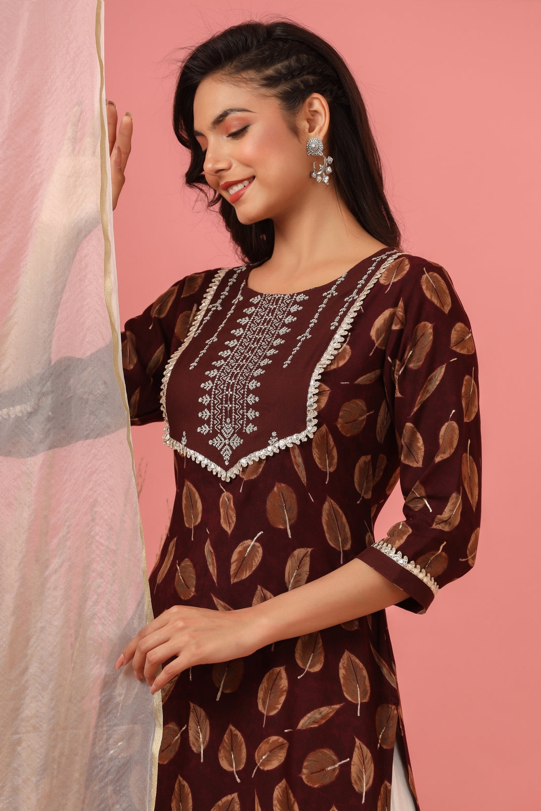 Women`s Wine Rayon Embroidered Kurta