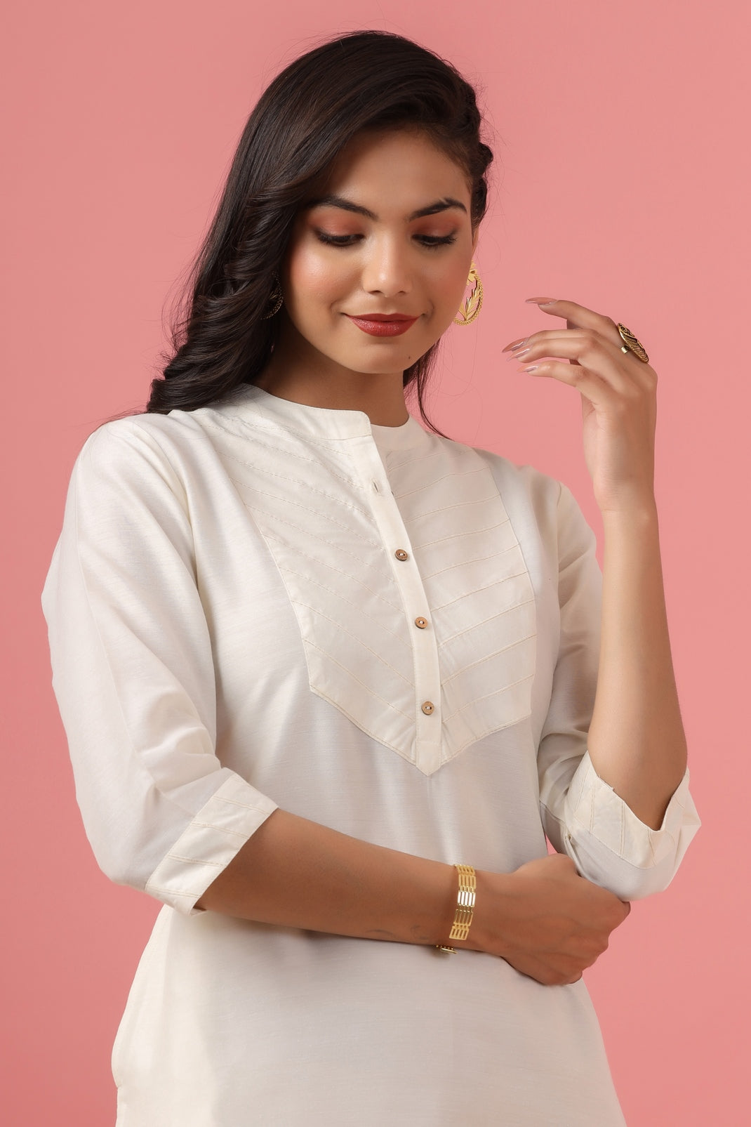 Women`s Beige Tussar Silk Solid Straight Kurta