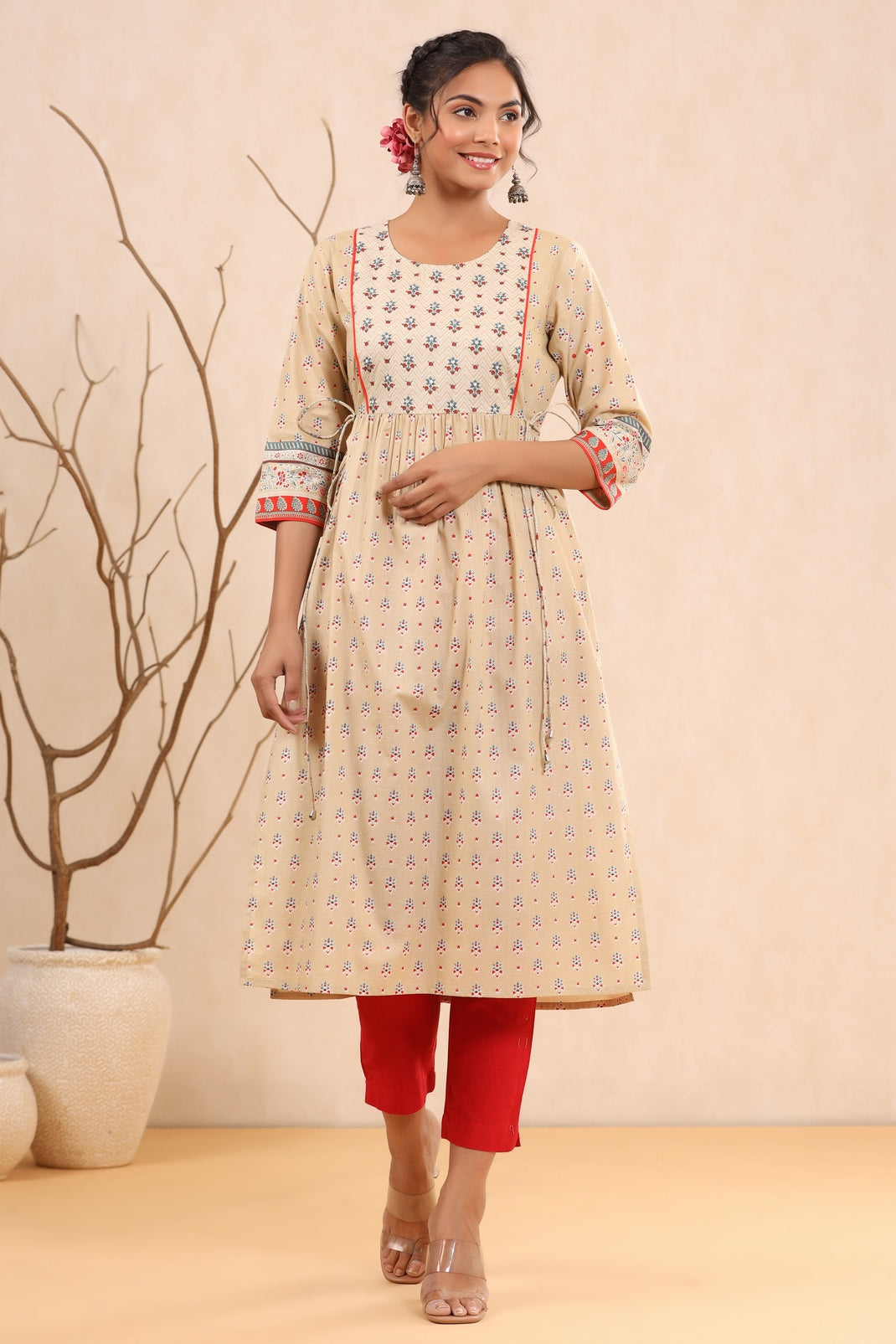Women`s Beige Cambric Printed Flared Kurta