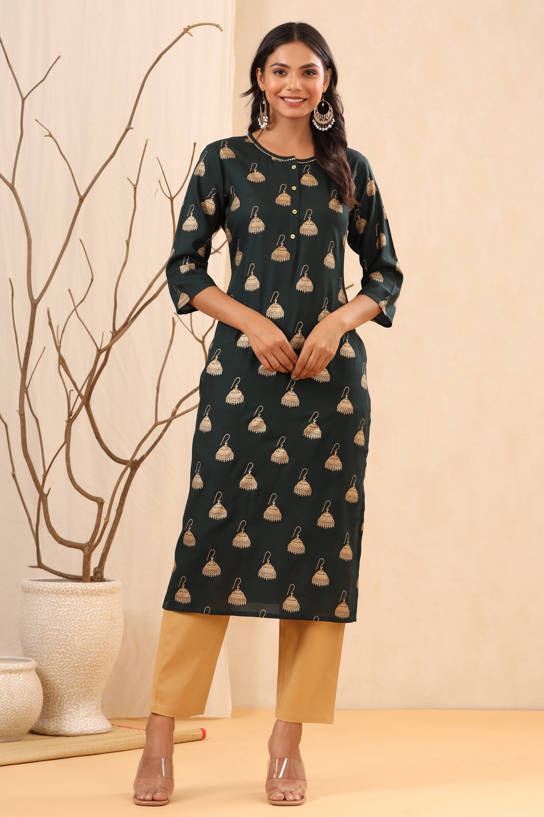 Women`s Jadegreen Rayon Printed Straight Kurta