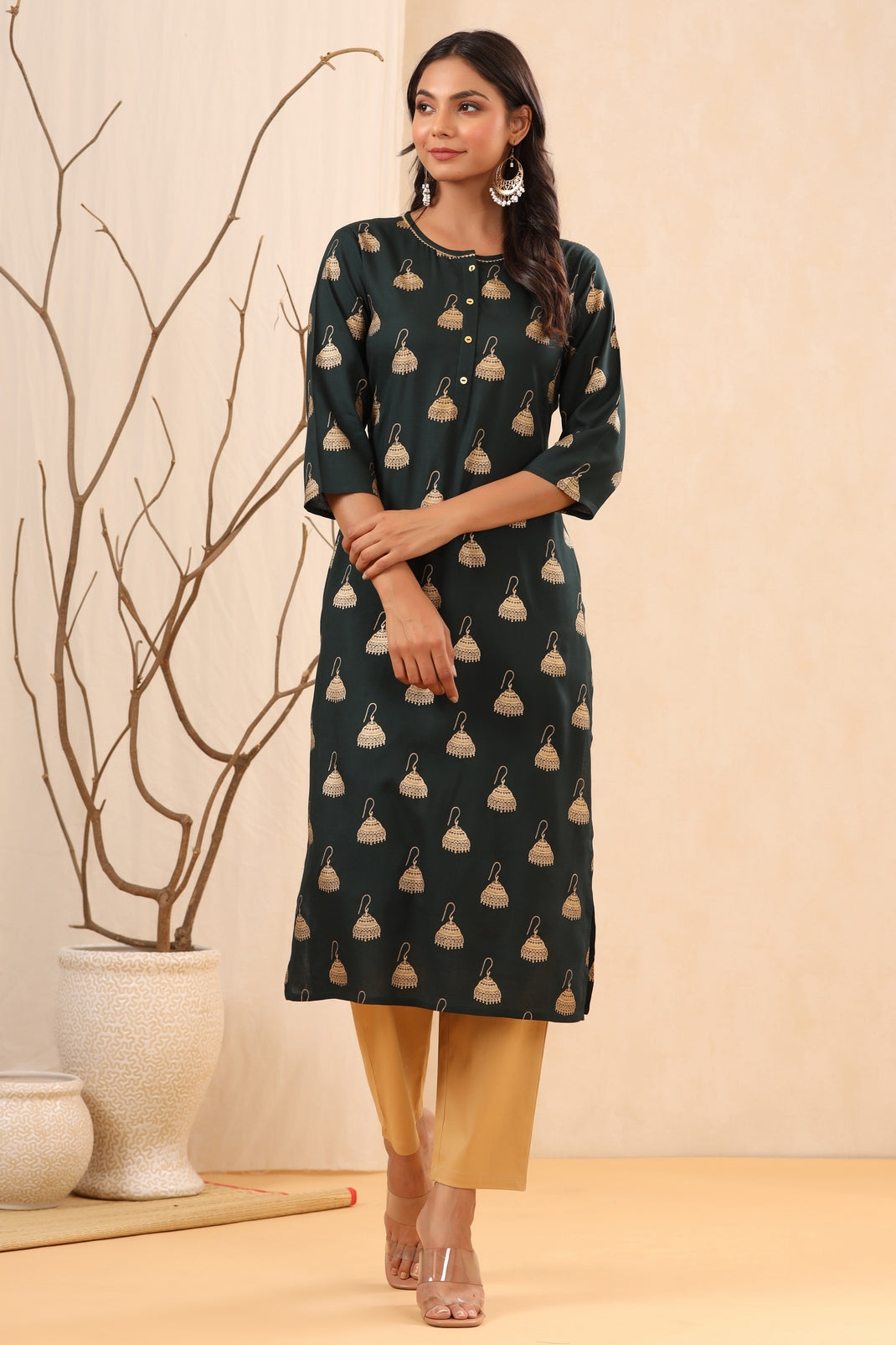 Women`s Jadegreen Rayon Printed Straight Kurta