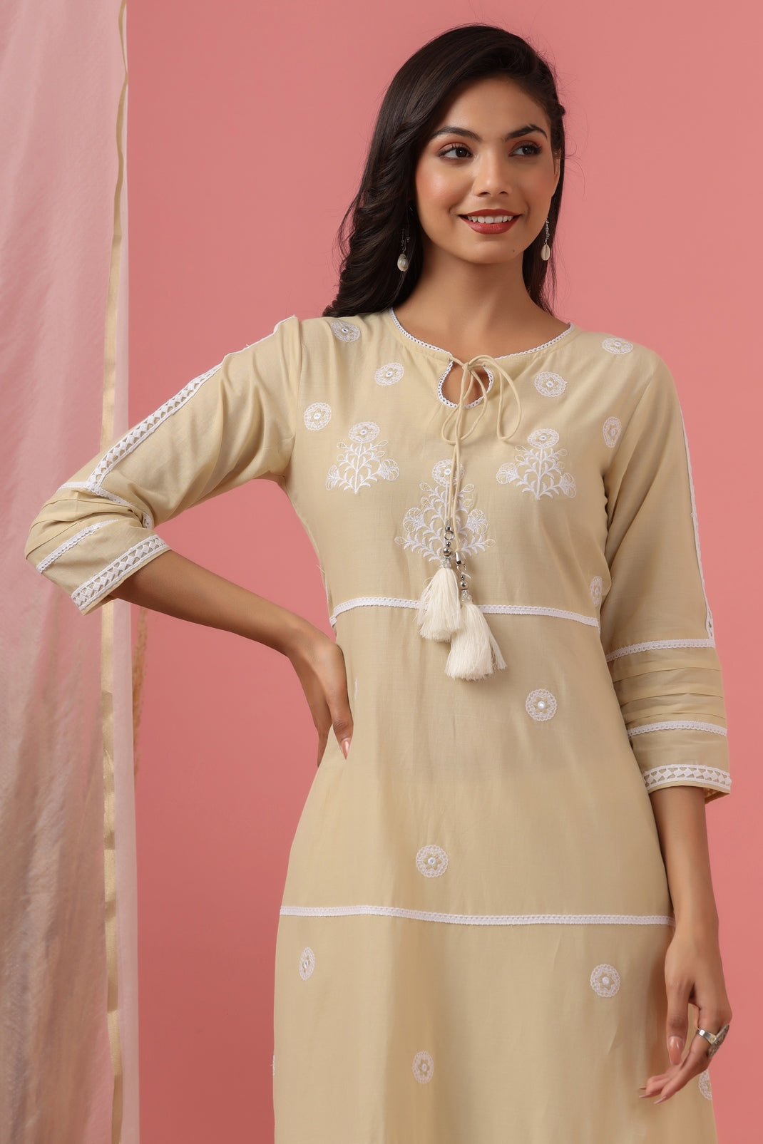 Women`s Beige Cambric Embroidered A-Line Kurta